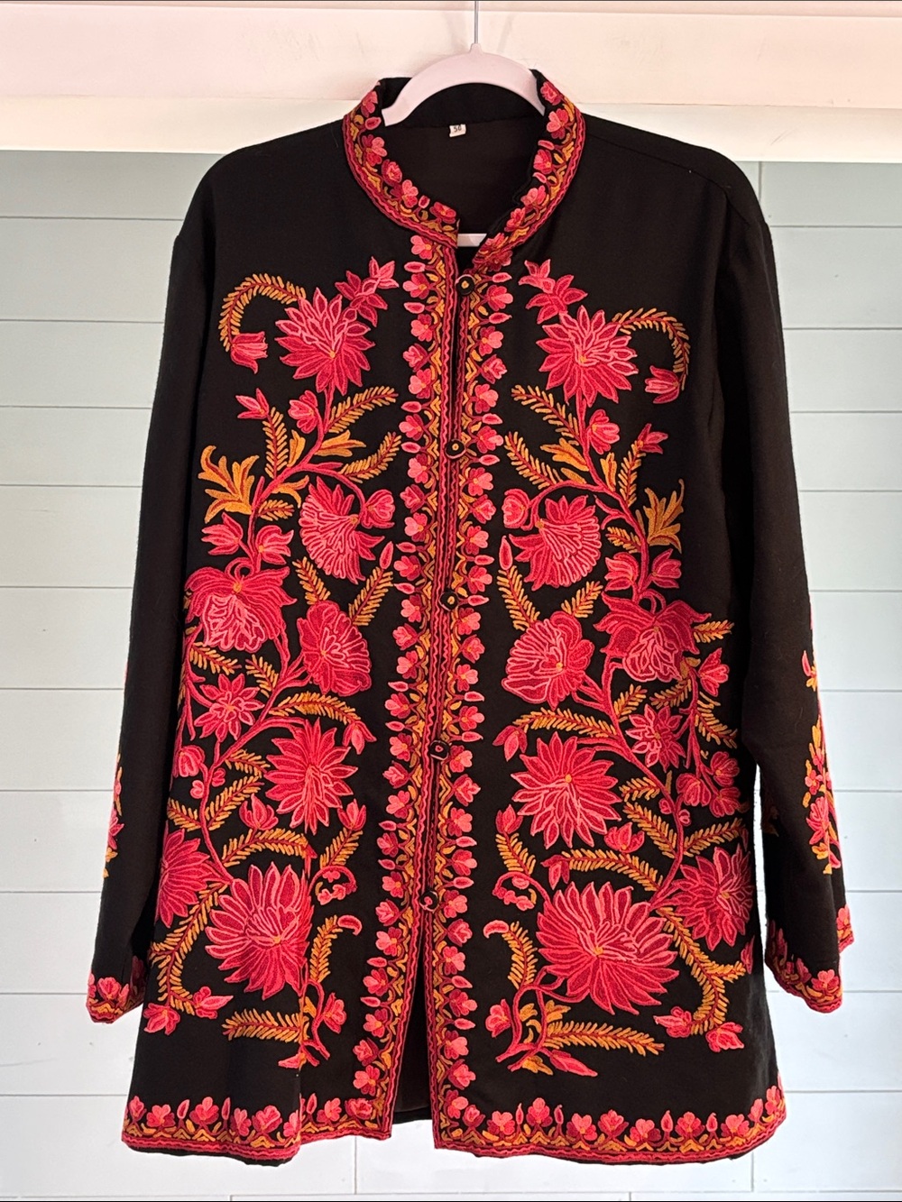 Black Embroidered Floral Jacket with Pink & Gold Accents